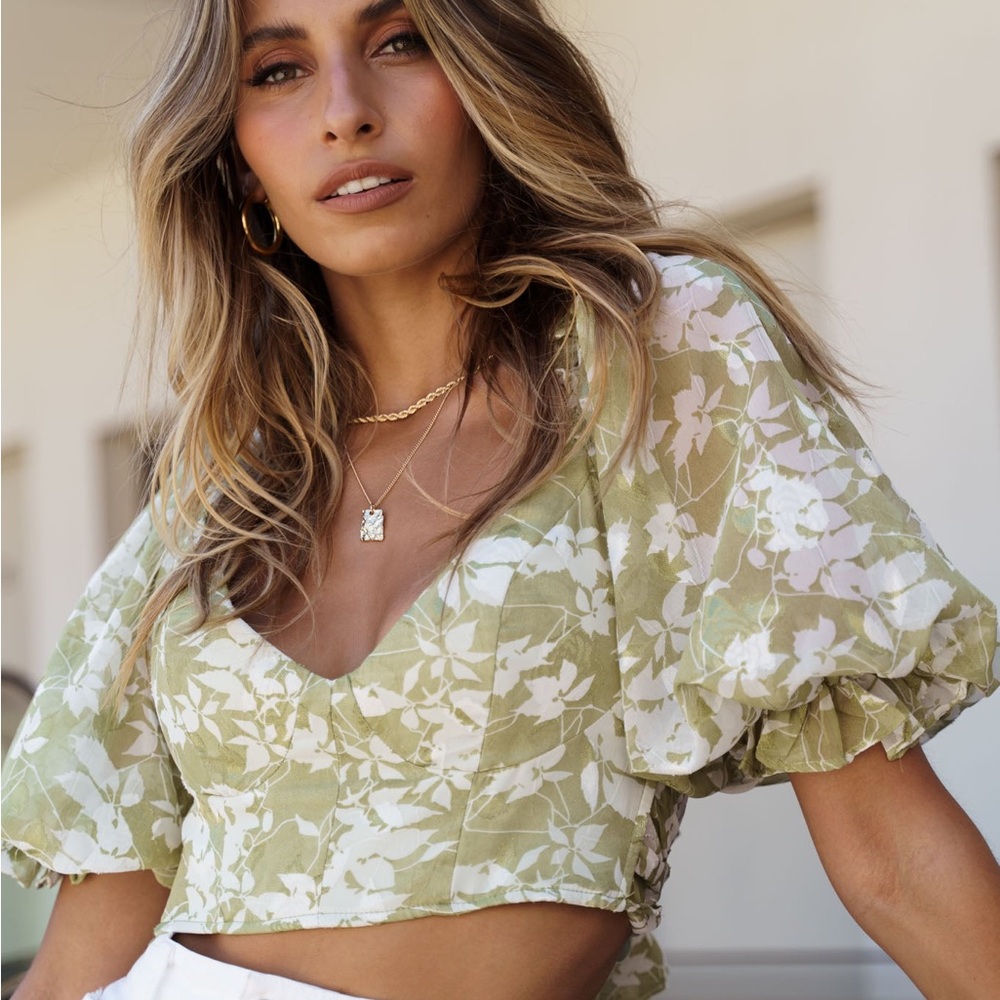 Petal & Pup Floral Puff Sleeve Crop Top - Olive